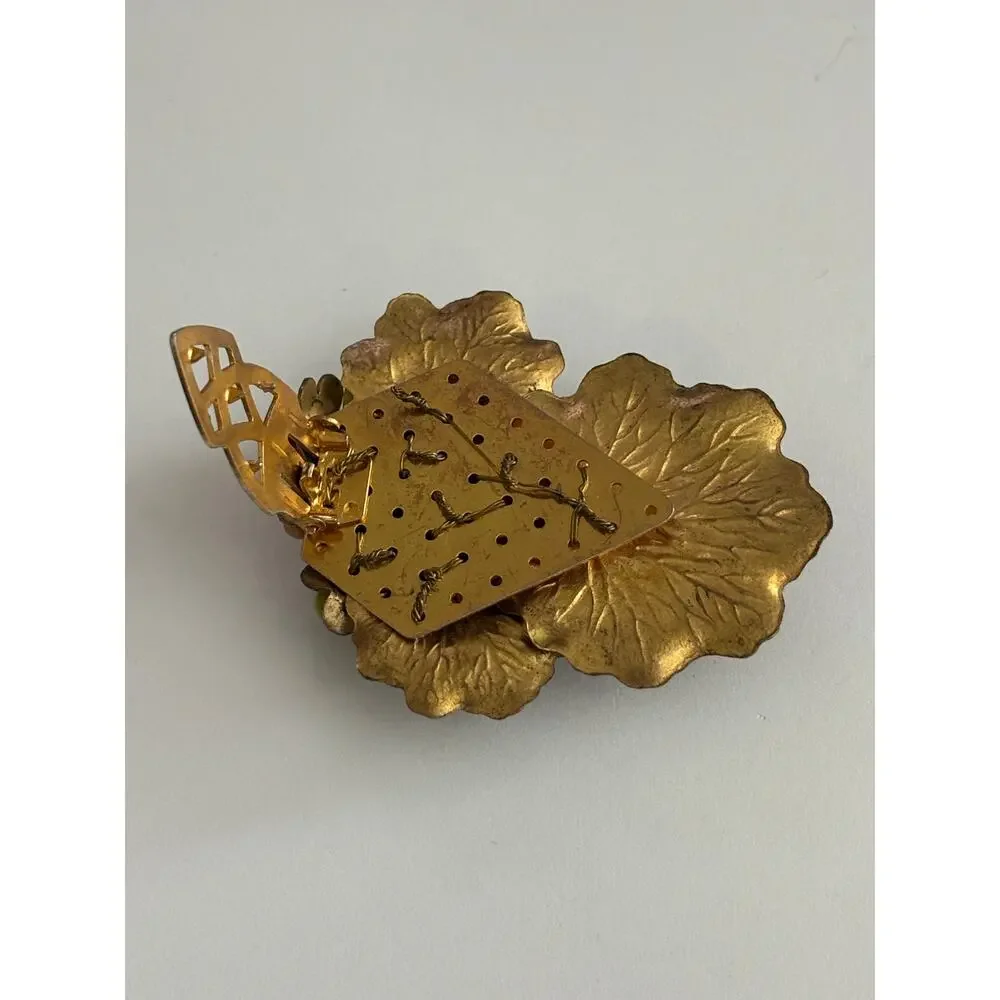 MIRIAM HASKELL by Frank Hess Dress Clip gold tone lily pads earth tone beads